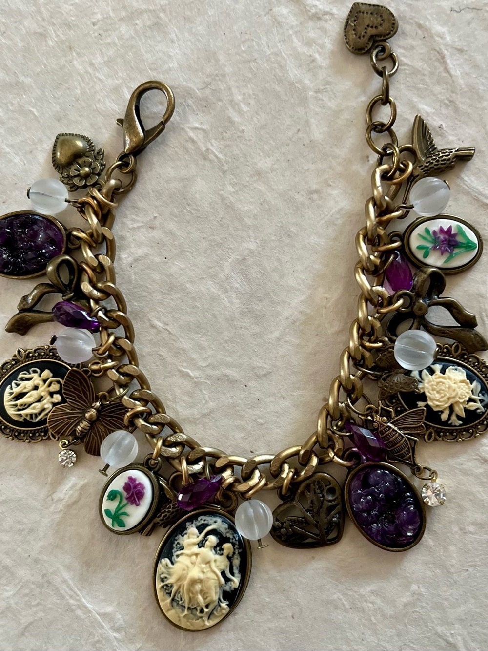 Victorian Inspired Cameos Charm Bracelet Three Graces Cream on Black w Purple